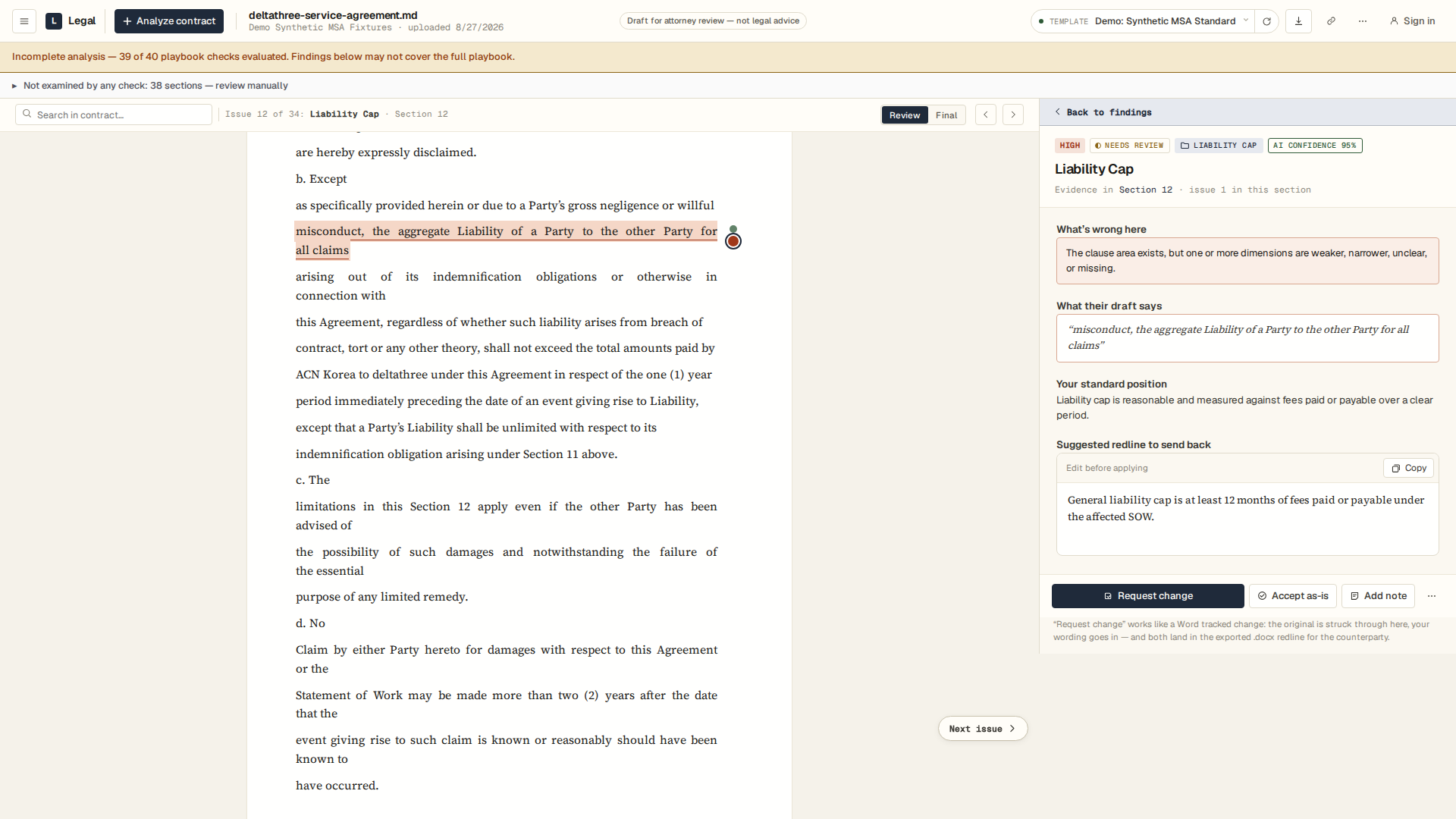 Legal Playbook review of a liability cap with highlighted source text, explanation, standard position, and suggested redline